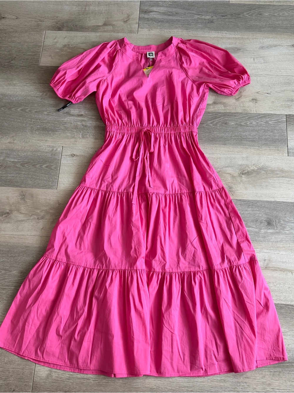 NWT Anne Klein Rose Pink Tiered Puff Sleeve Elastic Waist V neck Midi Dress M